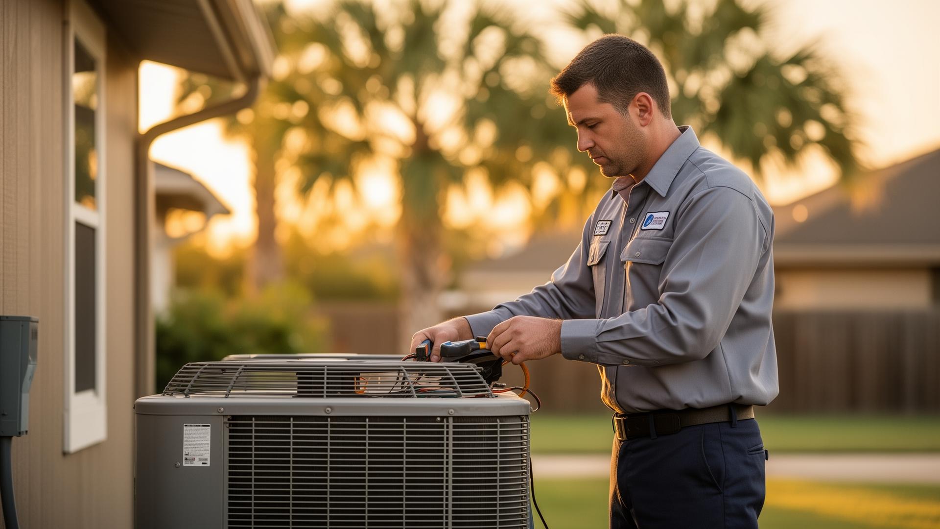 HVAC technician servicing a residential air conditioner in the Rio Grande Valley